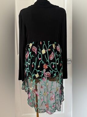 Kim & Cami Floral Embroidered Mesh Cardigan Black Boho Kimono Small